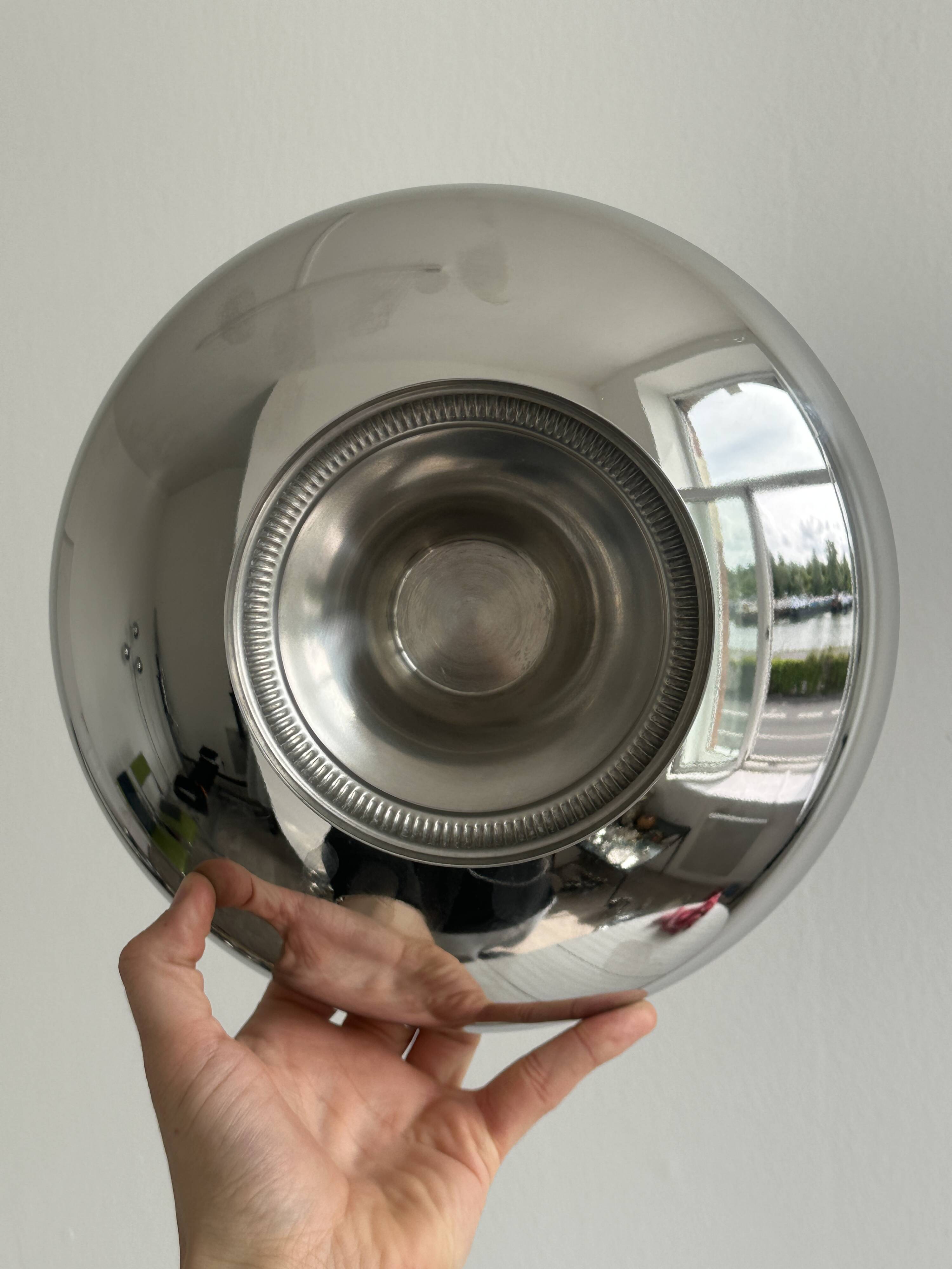 Large silver stainless steel pedestal bowl