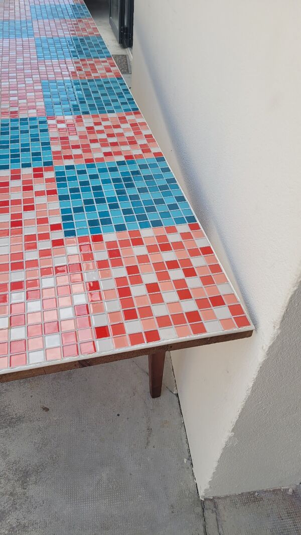 Table de ferme ancienne plateau mosaïque piètements fuselée -2m64