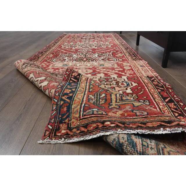 1970s Vintage Turkish Oushak Handmade Wool Cotton Red Runner Rug 101x305