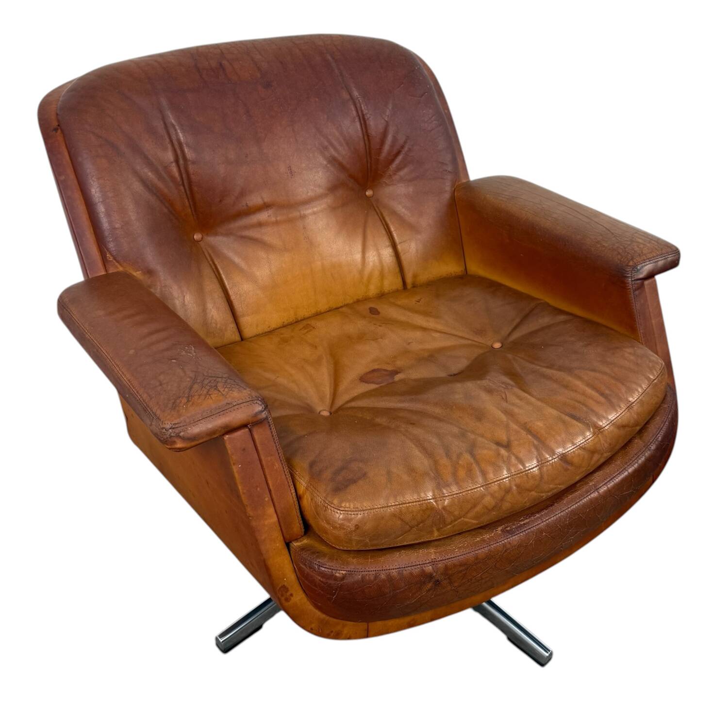 Paire de fauteuils pivotants vintage en cuir cognac par Eugen Schmidt