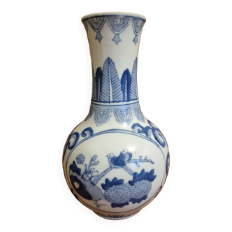 Grand vase chinois bleu et blanc motif oiseaux