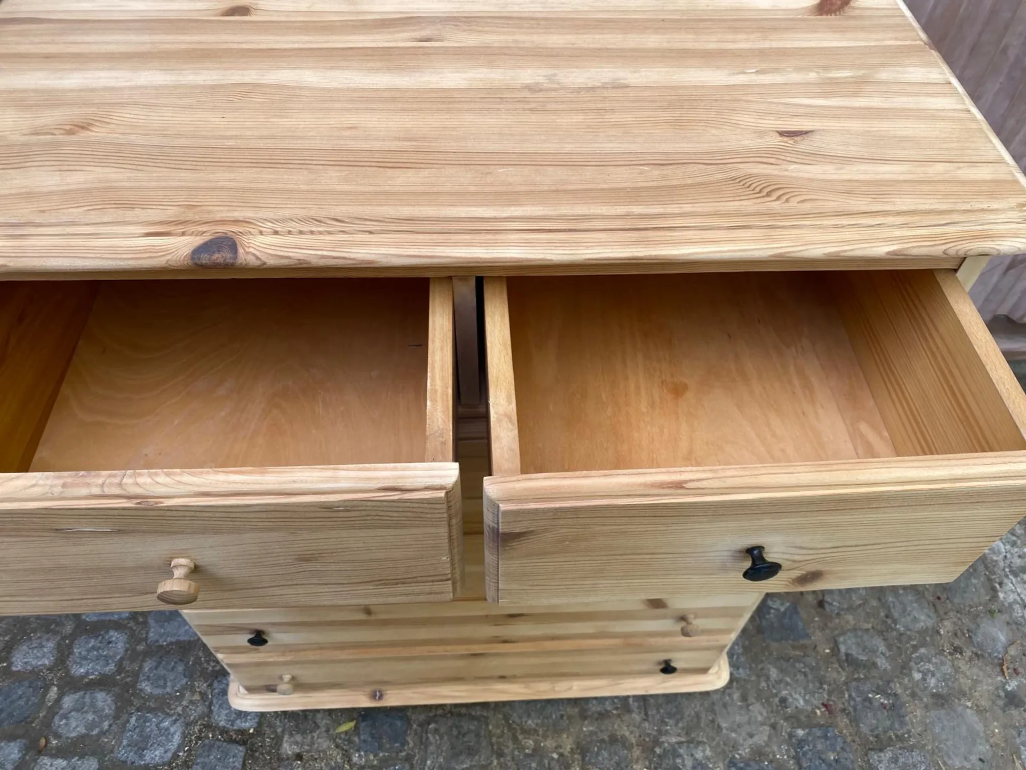 High Scandinavian chest of drawers stripped in solid pine from the 1980s.