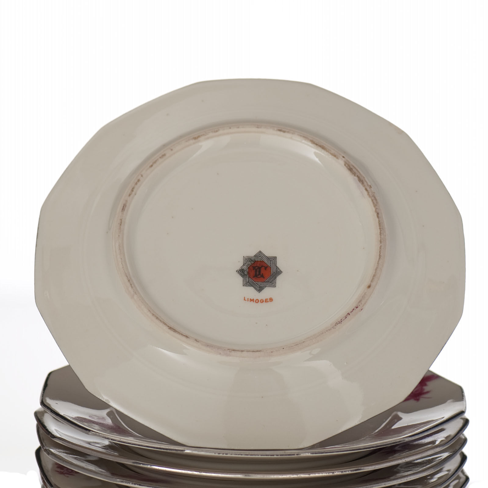 12 Limoges porcelain dessert plates pink flower decoration