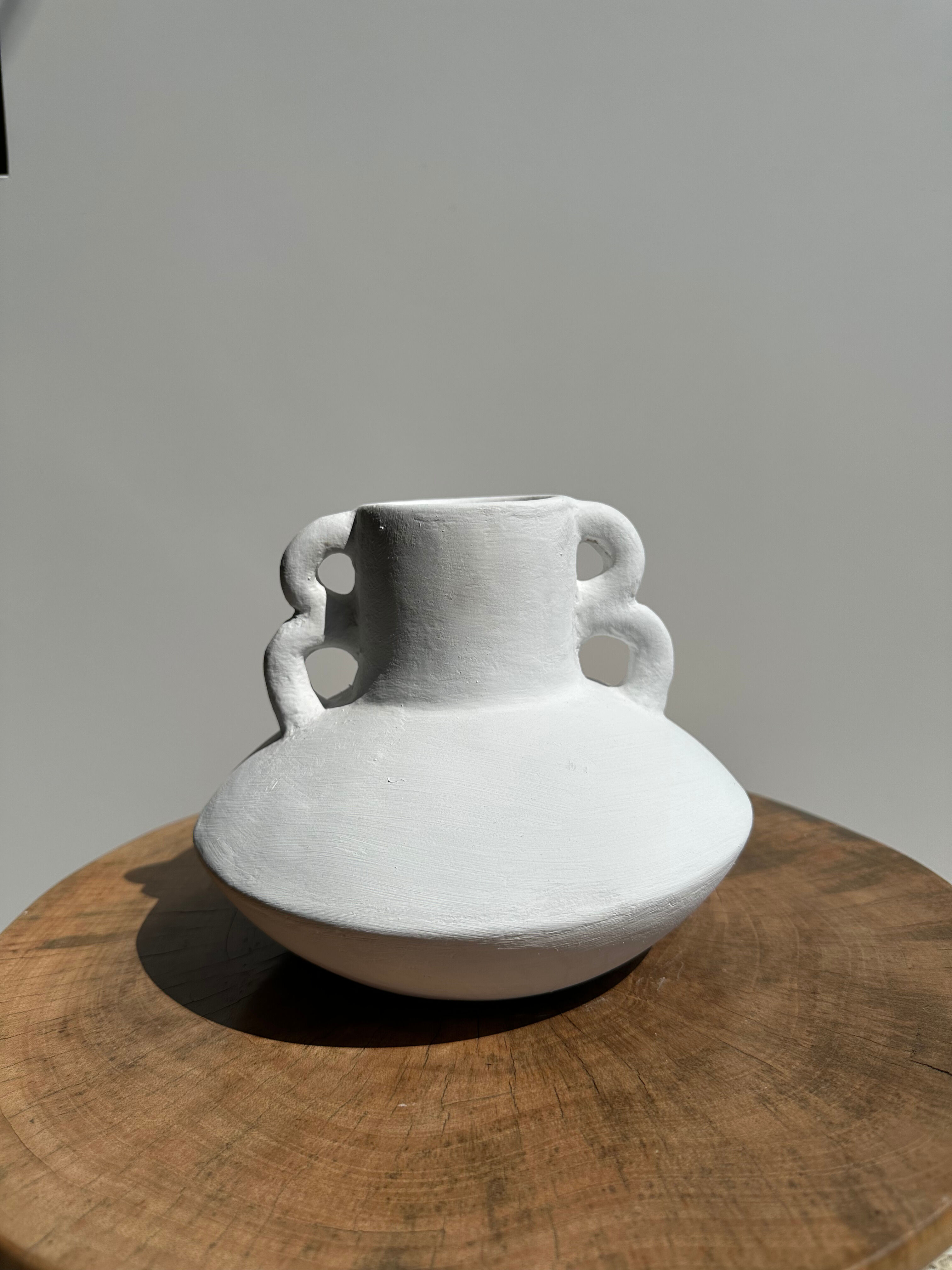 Handmade terracotta vase painted white with double handles H:16 D:20