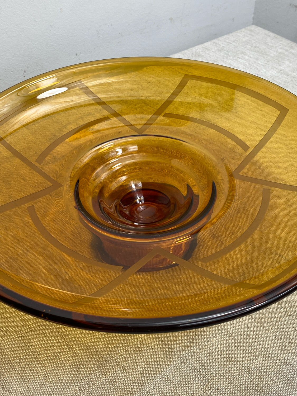 Large Art Deco amber glass bowl