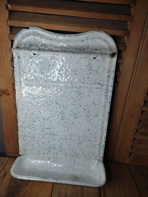 Utensil holder metal enamel white speckled old blue vintage dp1121b58