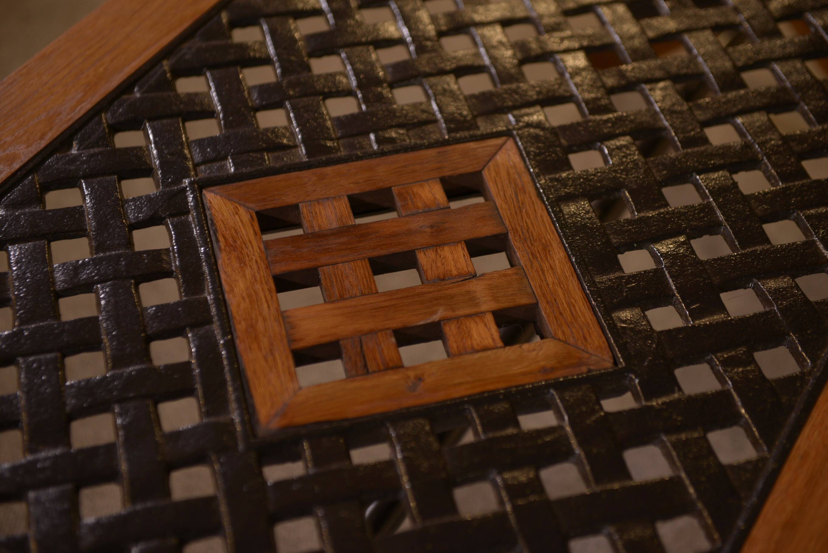 Antique oak and cast iron street furniture coffee table from the 1950s