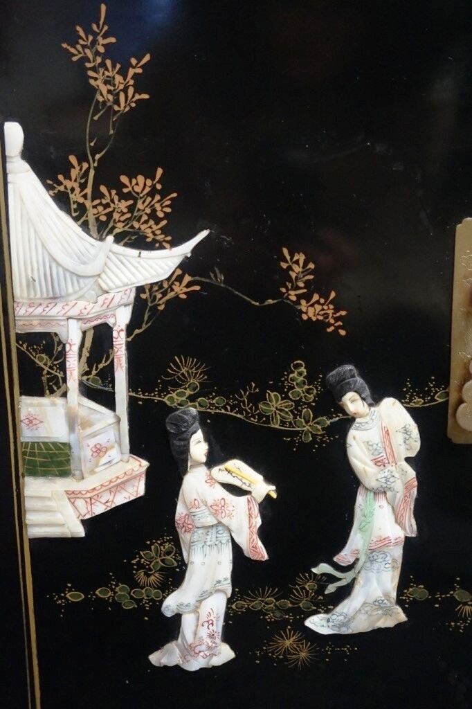 Small furniture in black Chinese lacquer with carved soapstone, mother-of-Pearl inlay.