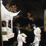 Small furniture in black Chinese lacquer with carved soapstone, mother-of-Pearl inlay.