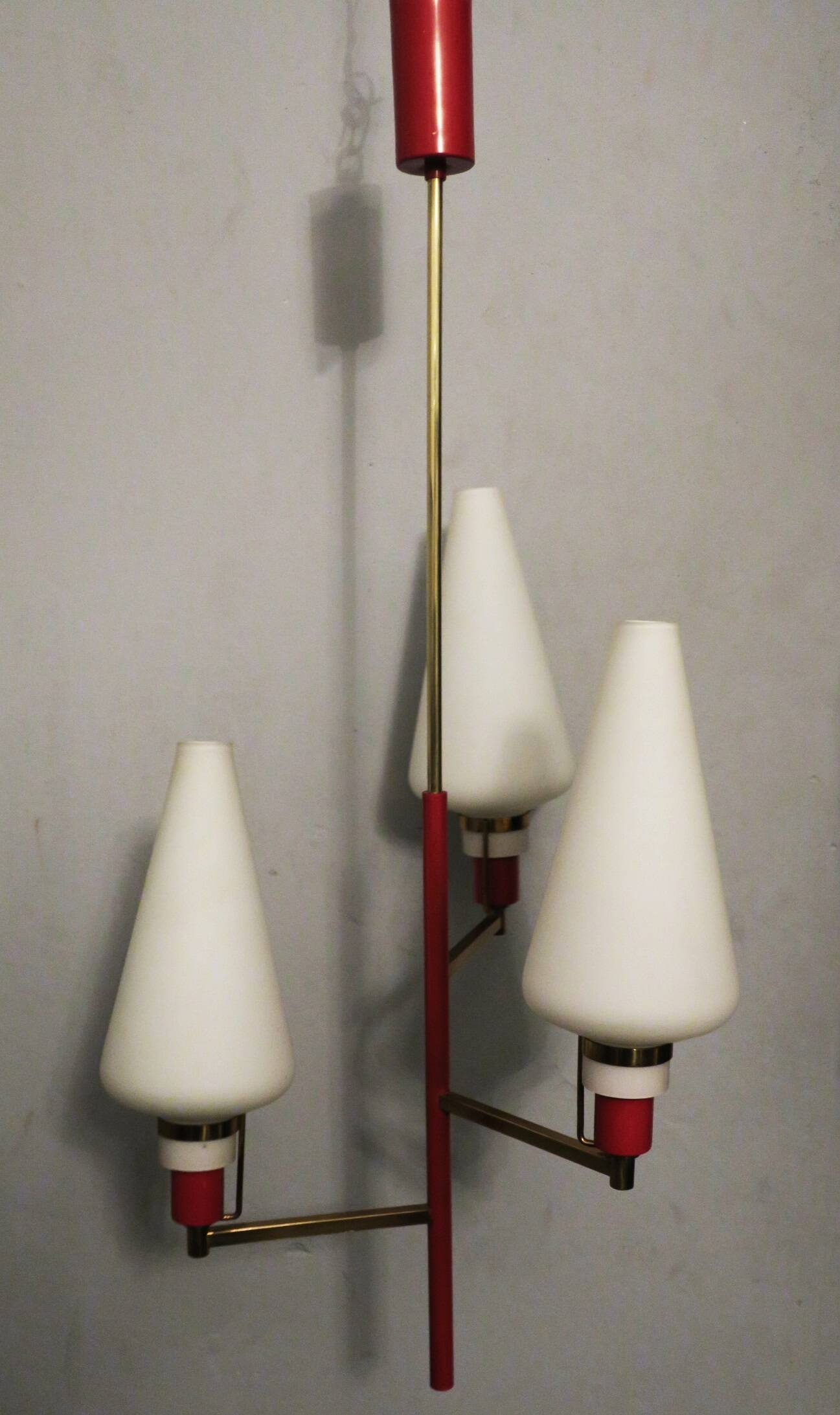 Italian brass and glass small chandelier, Stilnovo period 1950