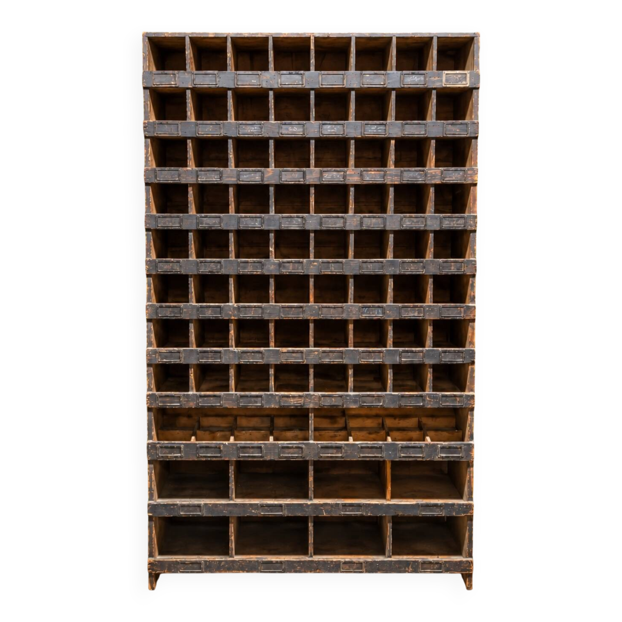 Antique workshop furniture in solid fir with numerous compartments.
