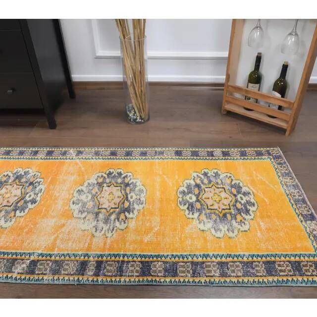 Vintage Turkish Oushak handmade wool cotton orange runner rug 74x350