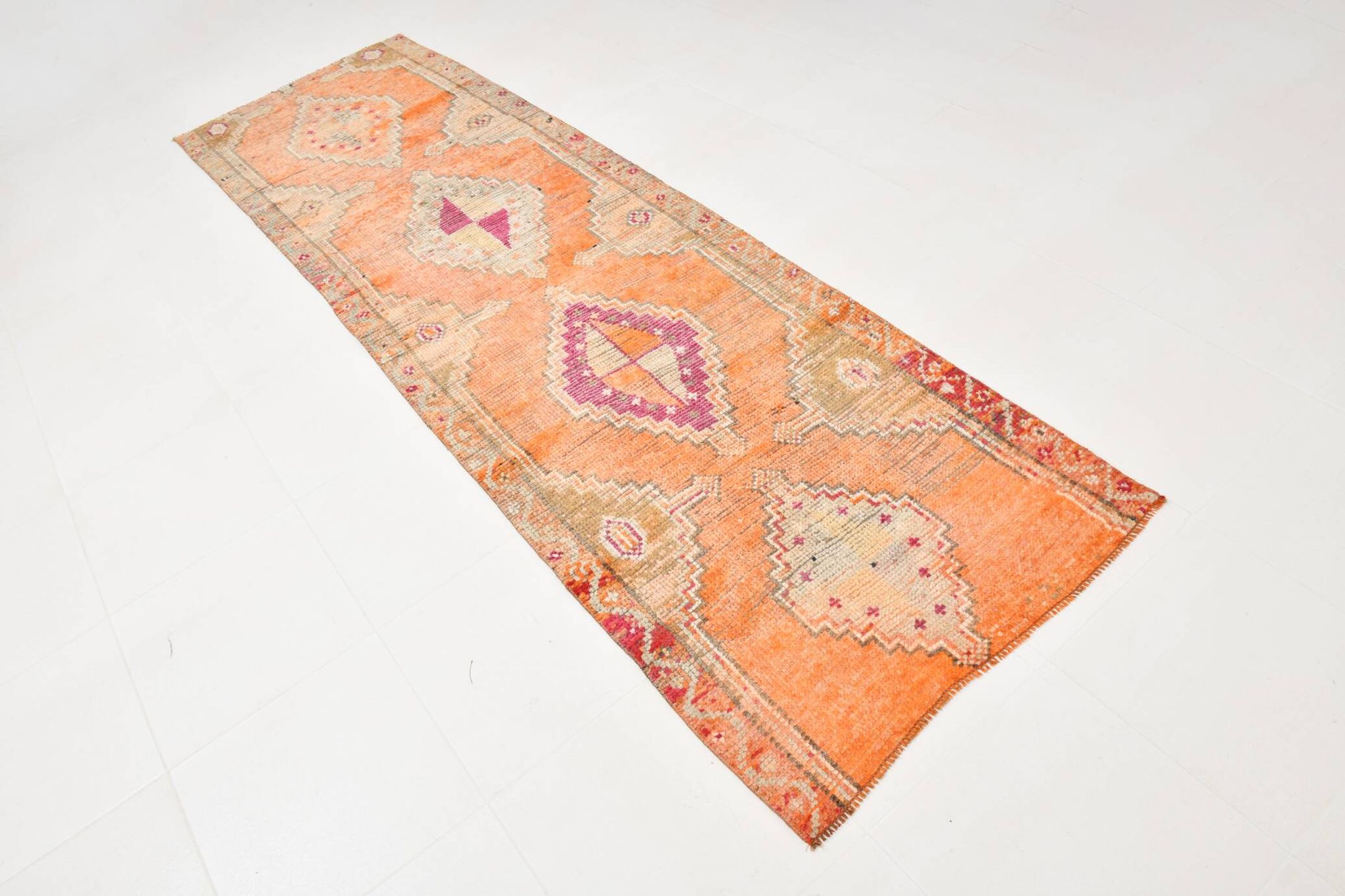Pumpkin Orange & Pink Vintage Runner Rug, Anatolian Turkish Flatweave
