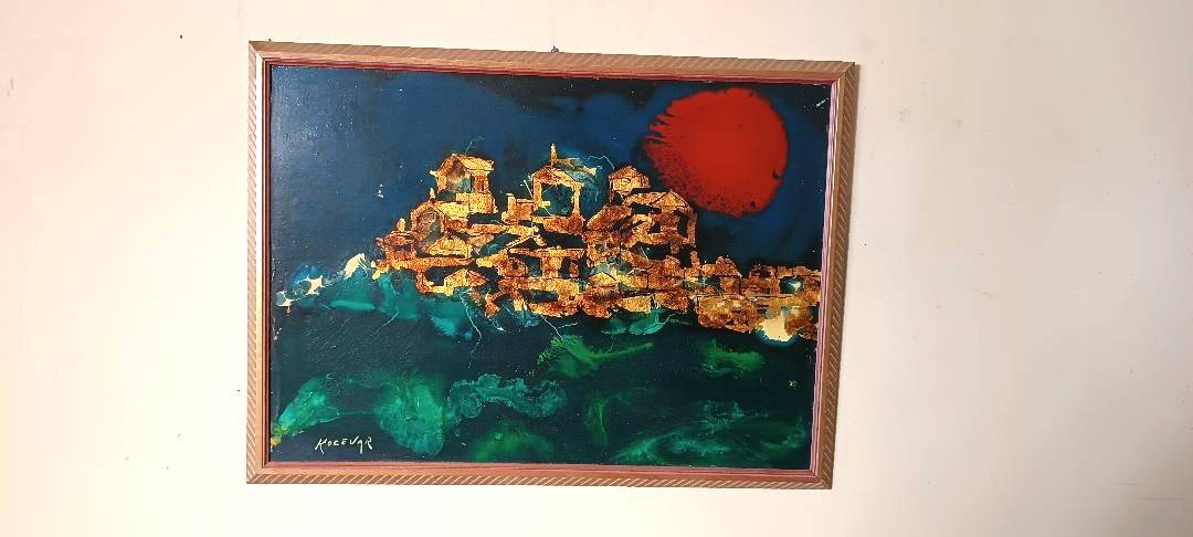 Abstract painting - gold leaf and enamel - Enzo Kocevar 1970s