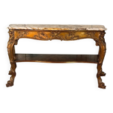 Console en bois doré, quatre pieds garnis de monstres marins, marbre brèche violette, vers 1900