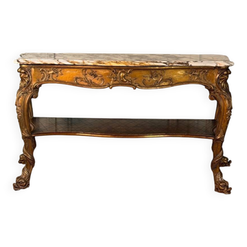 Golden wooden console, four legs adorned with sea monsters, purple breccia marble, around 1900.