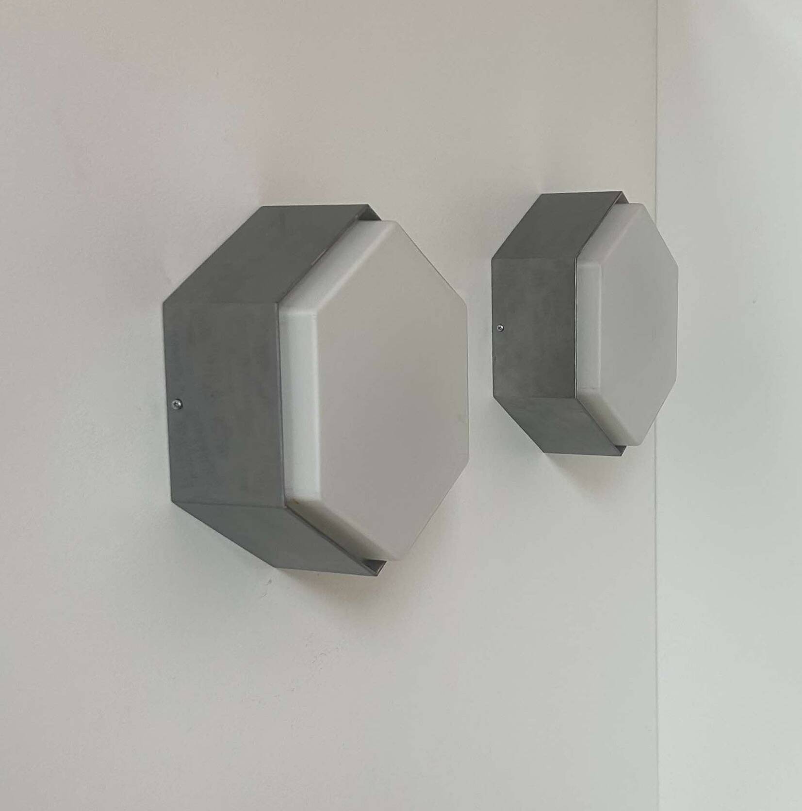 Pair of vintage opaline and metal wall lights, Raak Holland 1970
