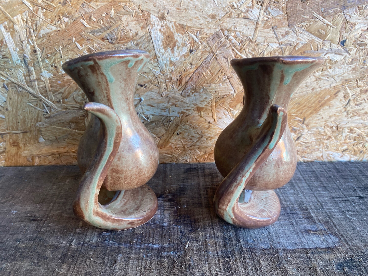 Pair of Beige Ceramic Soliflore Vases Vintage France #D889