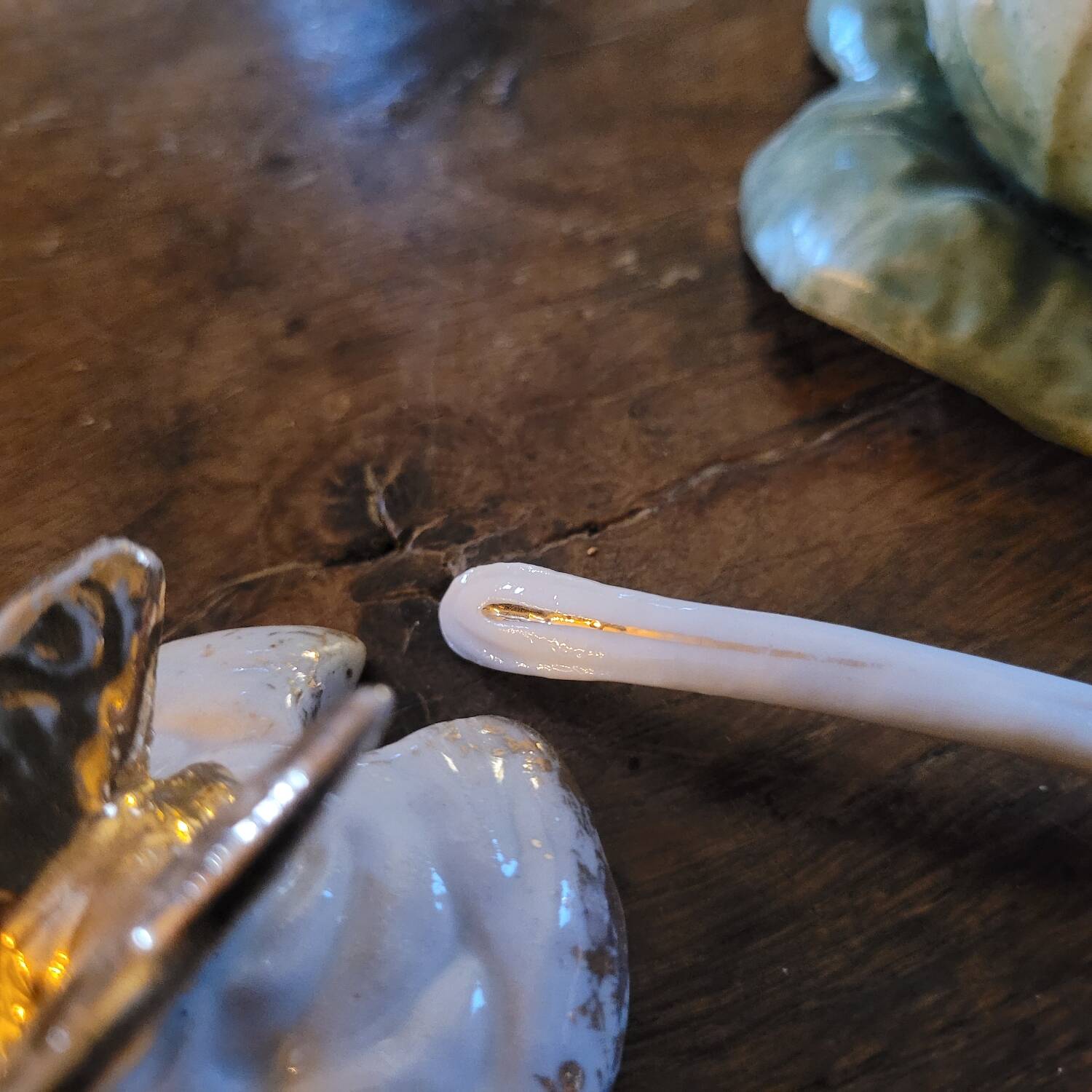 Antique mustard pot porcelain - Cabbage and butterfly - Barbotine 19th century