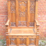 Neo gothic throne and side table, France ca 1900, Set of 2.