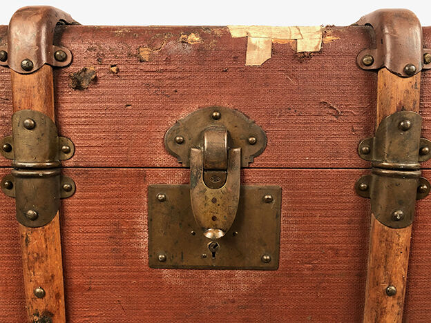 Old travel trunk cardboard, fabric and leather