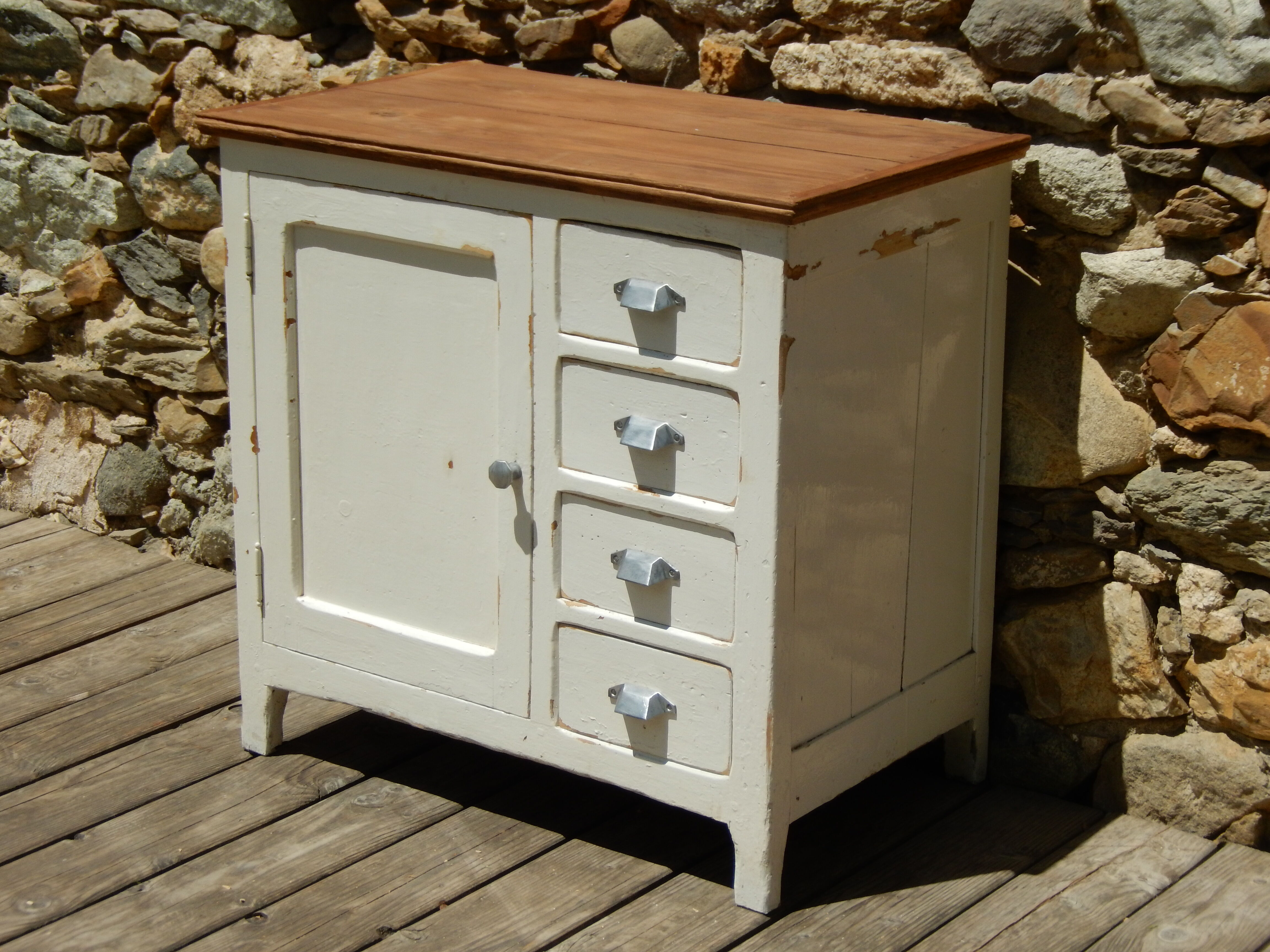 Antique sideboard / charming solid pine workshop furniture with a patina.