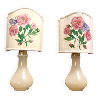 Paire de lampes de table en verre de Murano par Gino Cenedese avec abat-jours floraux