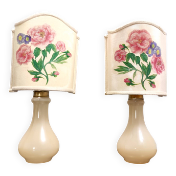 Paire de lampes de table en verre de Murano par Gino Cenedese avec abat-jours floraux