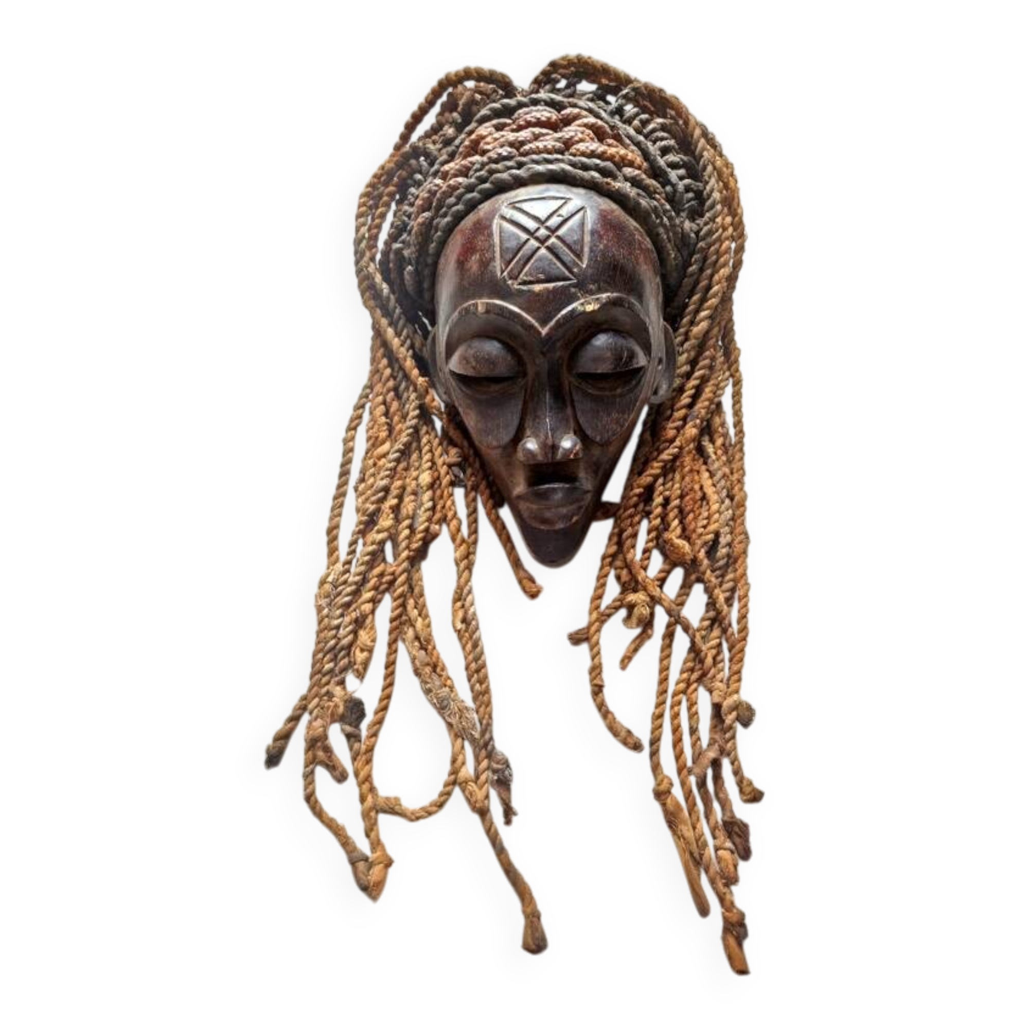 Chokwe Mwana Pwo mask in carved wood with a dark patina and rope hair