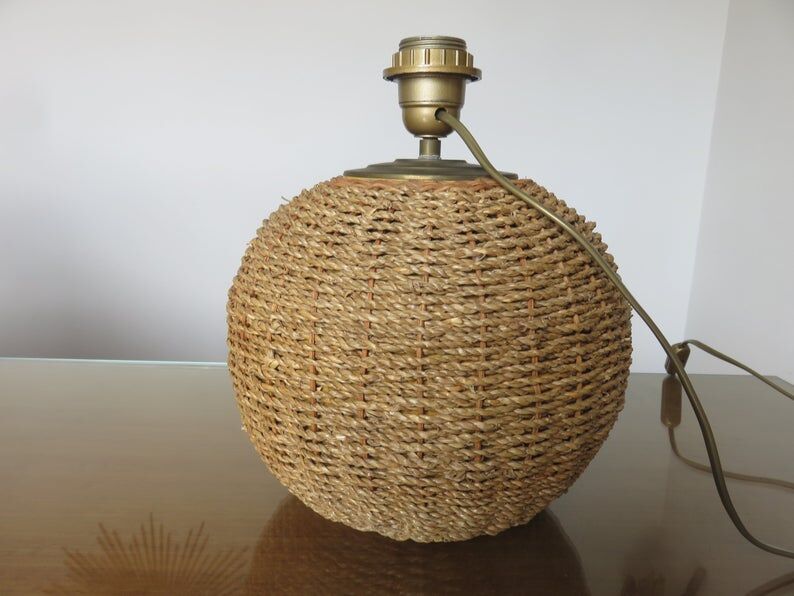 Ball lamp in rope, rattan, ceramic and brass 70s