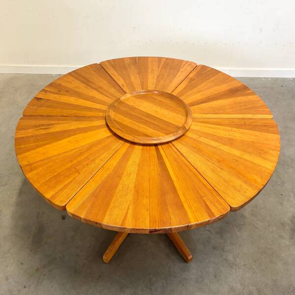Unique round solid pine dining table, 1970s