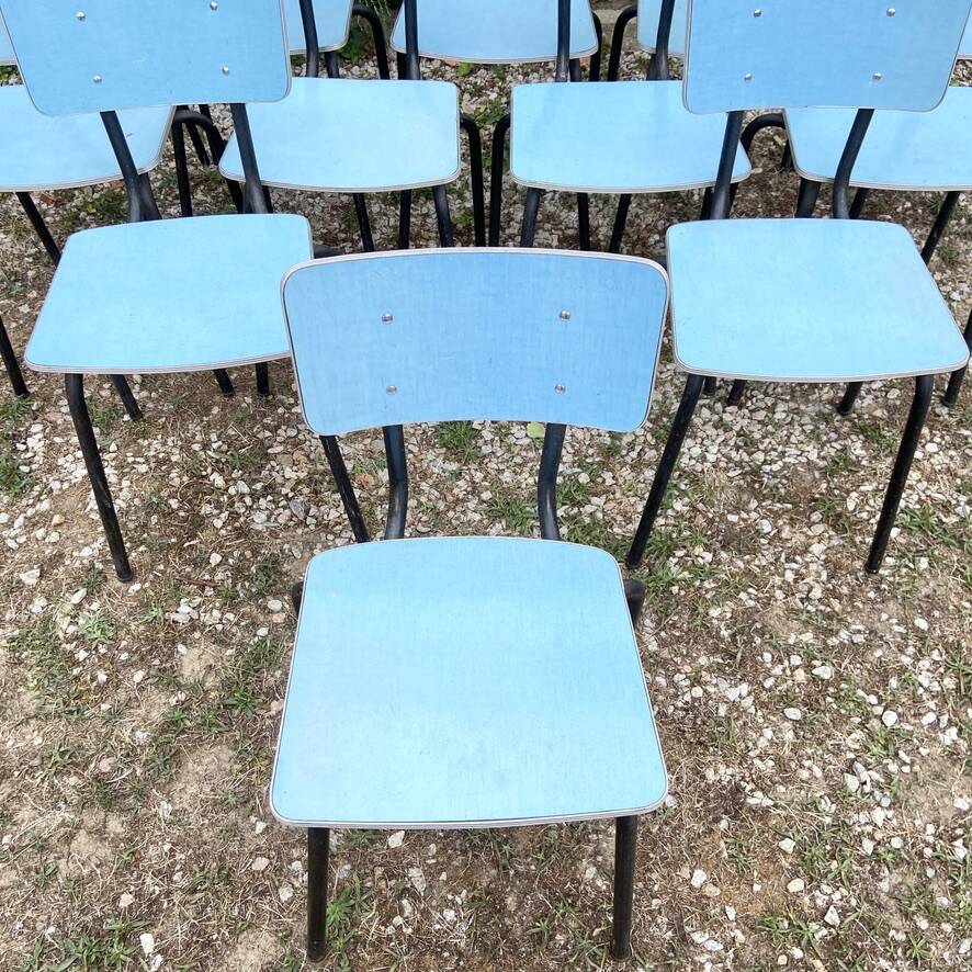 Set of 12 blue formica chairs