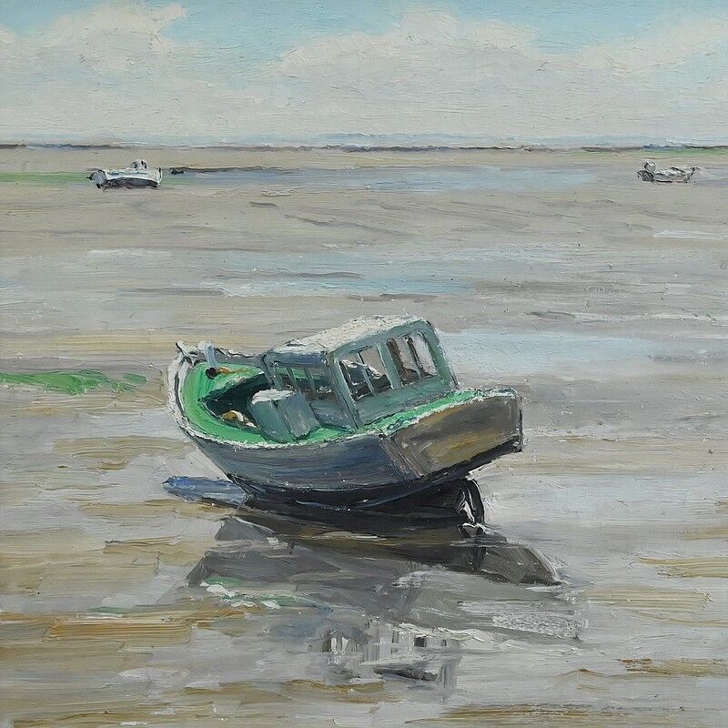Painting "Boat at Low Tide", signed J-P. Guinegault – 2nd part of the 20th century