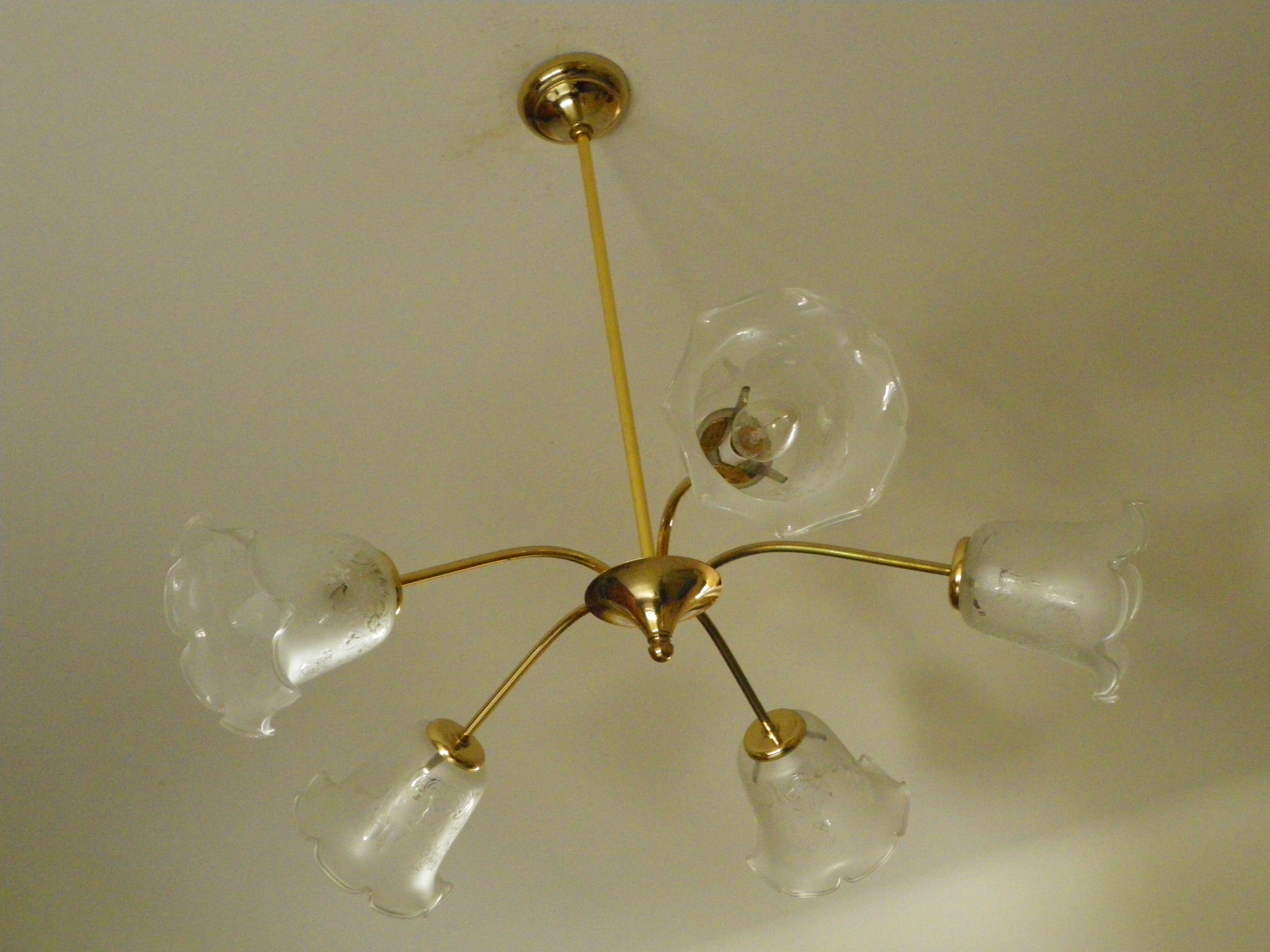 Gilded metal chandelier, 5 branches, opaque glass cupola - 60s/70s