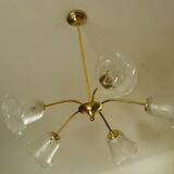 Gilded metal chandelier, 5 branches, opaque glass cupola - 60s/70s