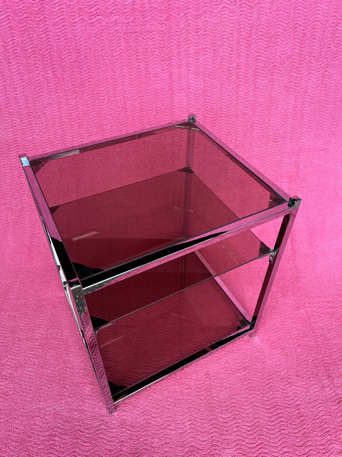 VINTAGE 1970 RECTANGULAR COFFEE TABLE WITH SQUARE CHROME TUBES AND 3 SHELVES