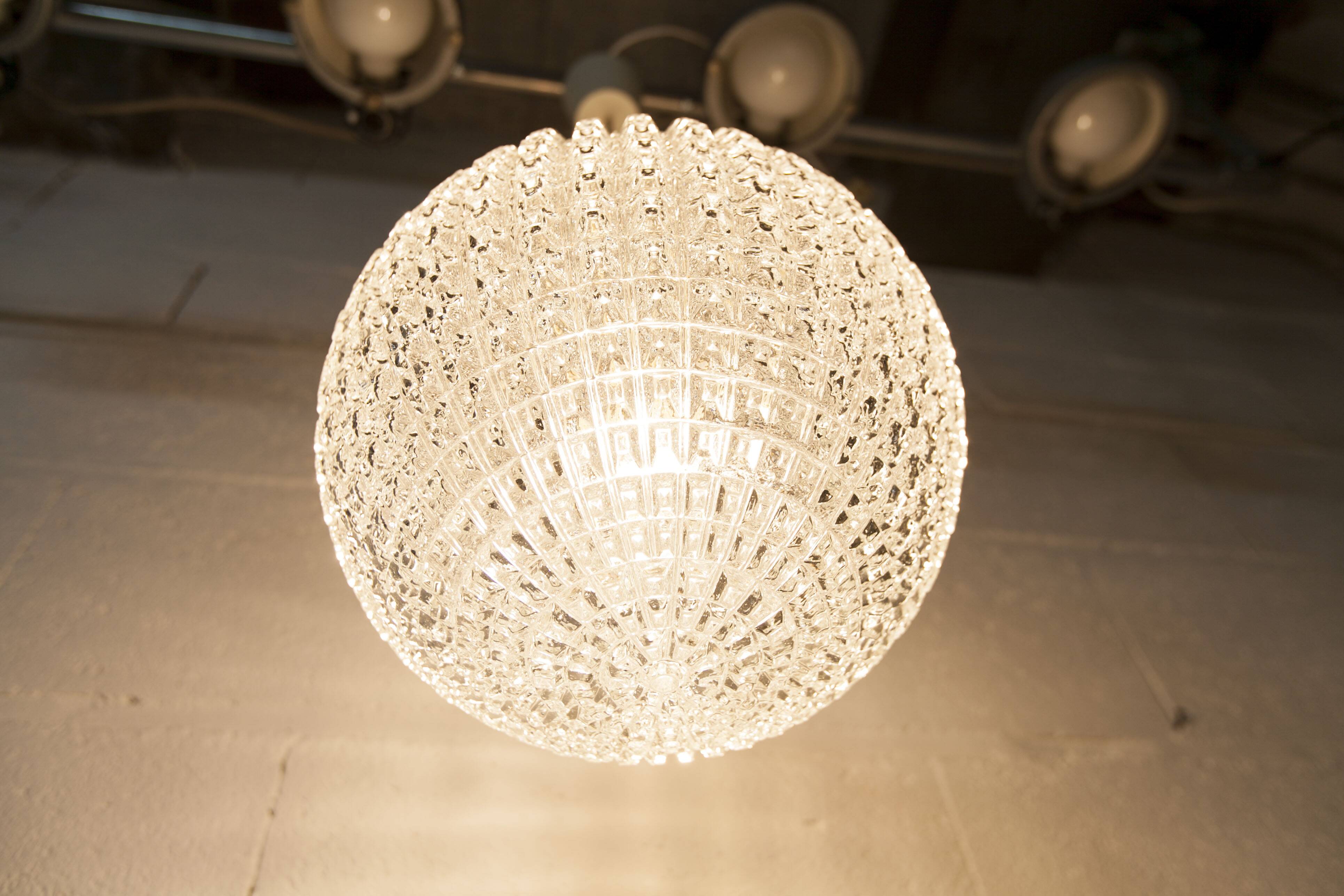 1960s Holophane Ball Pendant Chandelier, Thick Glass, 30 cm, and Vintage Brass