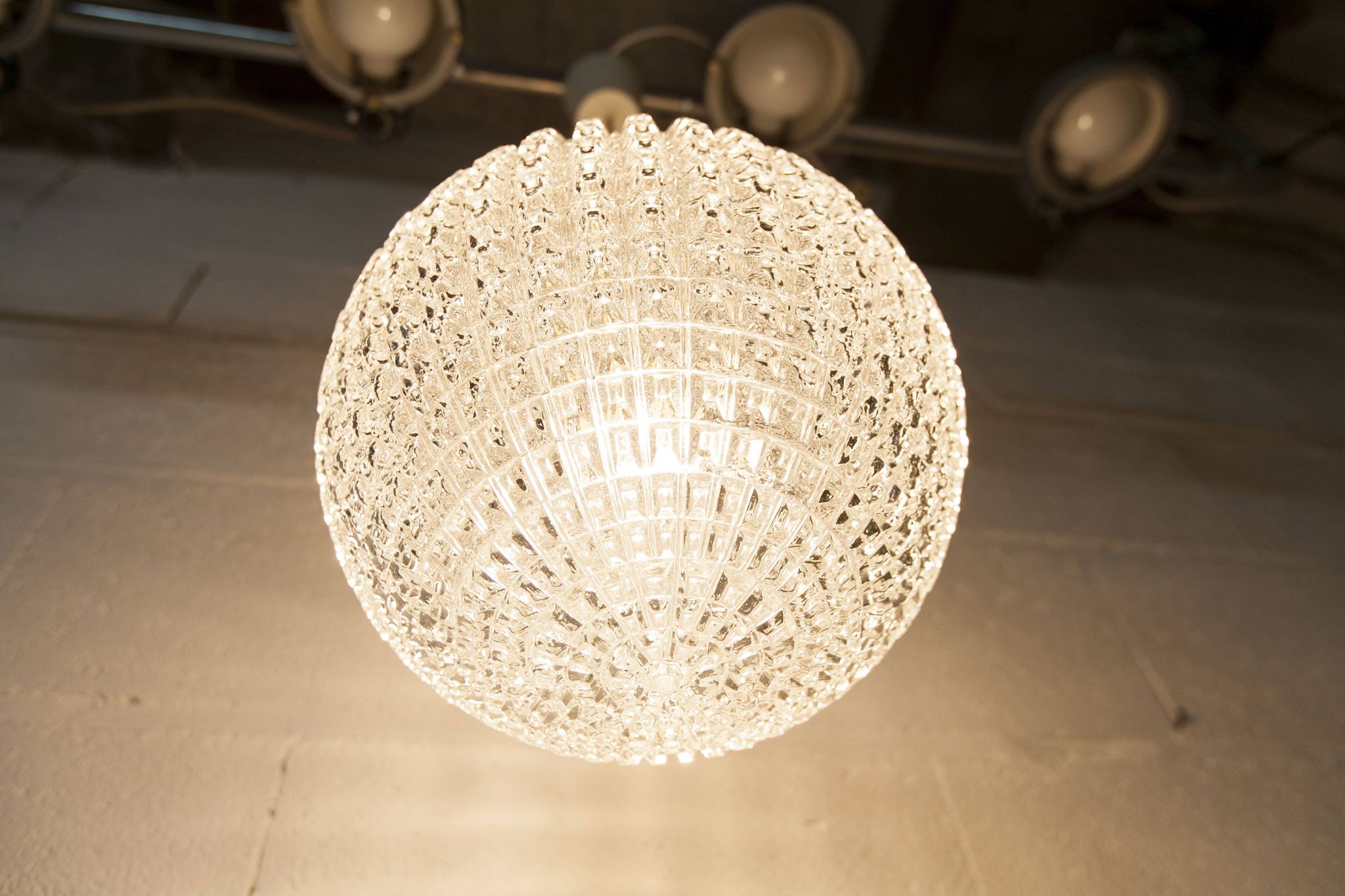 1960s Holophane Ball Pendant Chandelier, Thick Glass, 30 cm, and Vintage Brass