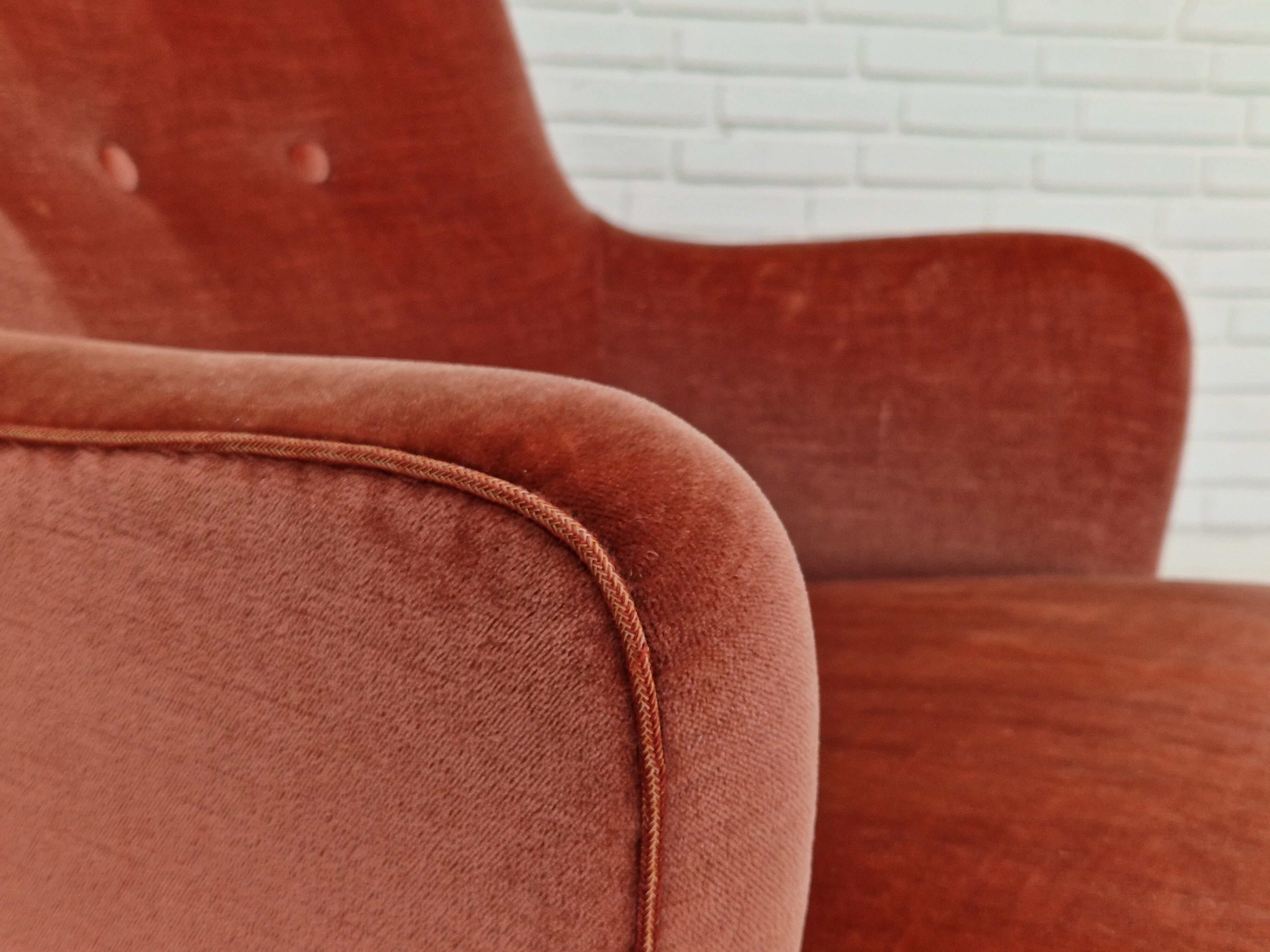 1970s, Danish set of two velour armchairs, original condition, beech wood.