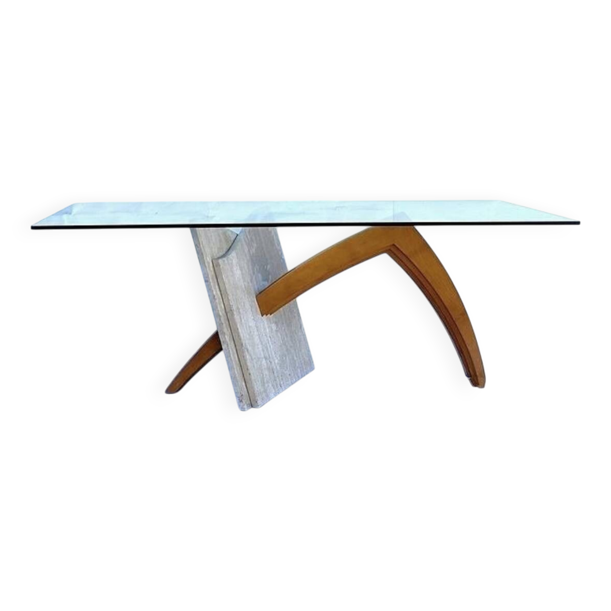 Original Italian glass and travertine marble dining table office desk