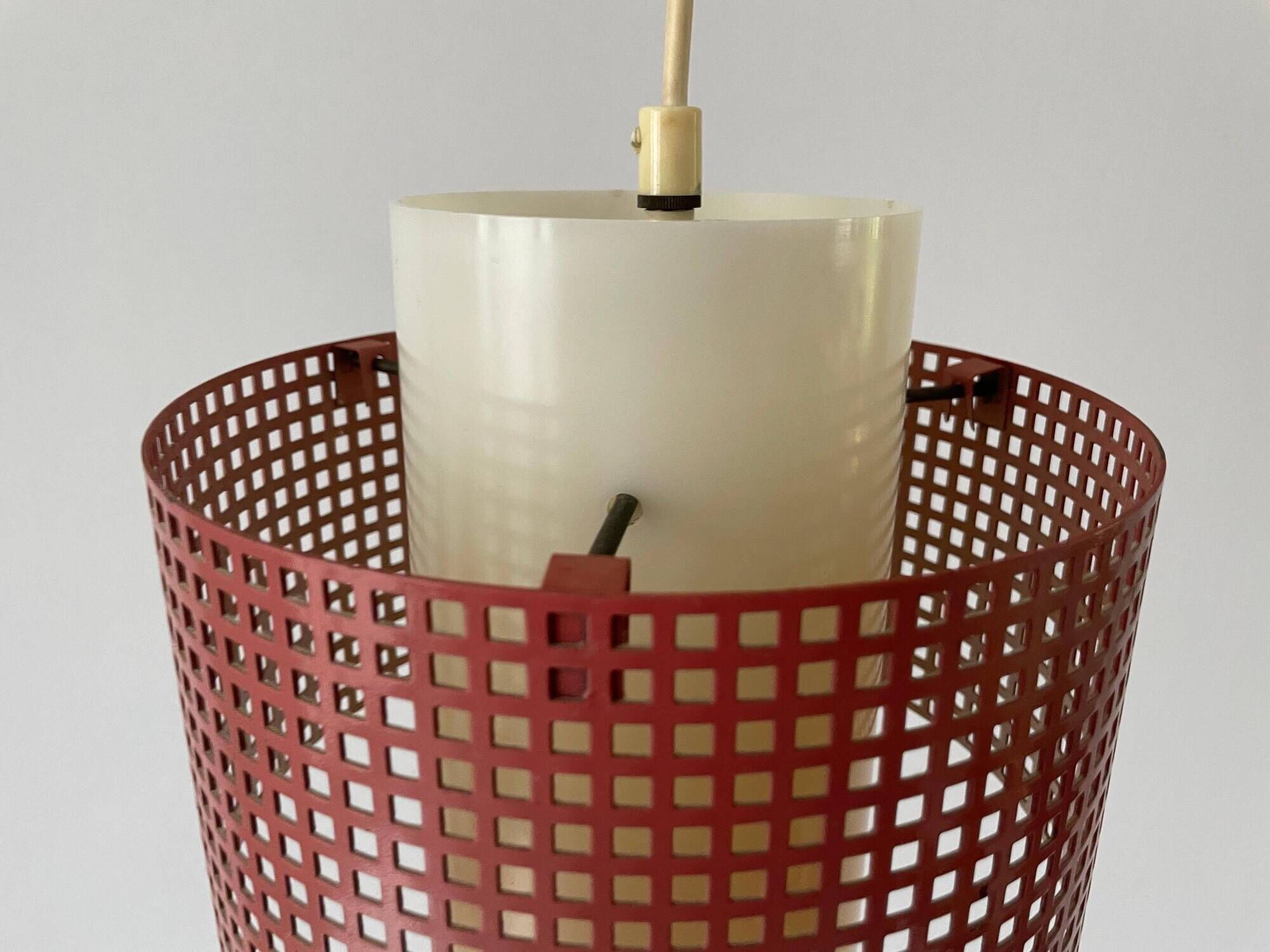 Suspended lamp in pink metal and plexiglass, Danish design, 1960s, Denmark.