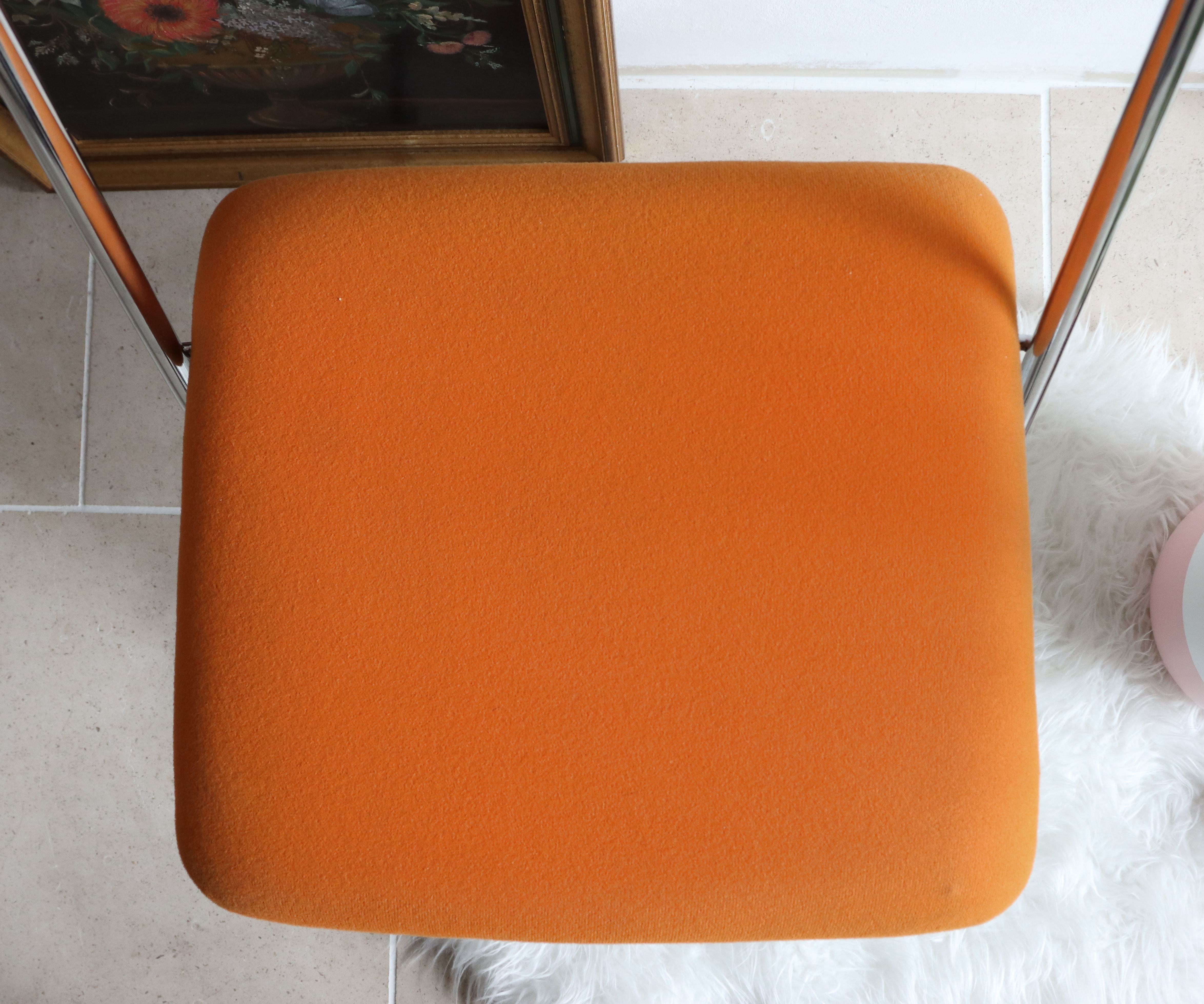 Folding chair in chrome metal and orange fabric 1970