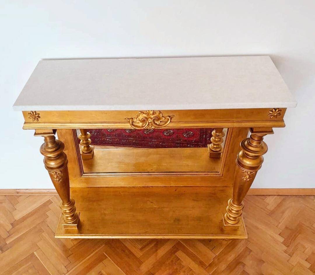 Table console victorienne en bois doré avec miroir et plateau en marbre, Autriche 1880s