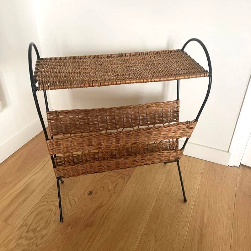 Vintage rattan and black metal magazine rack – Nightstand