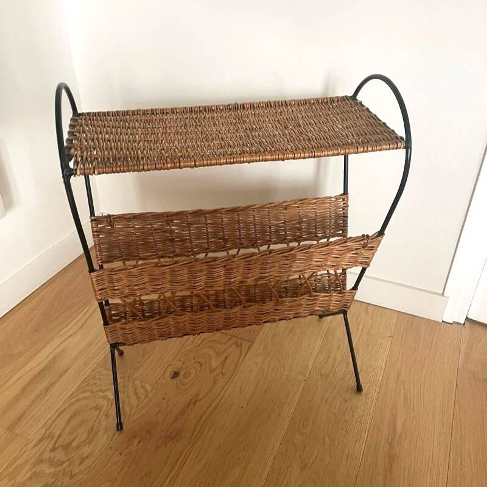 Vintage rattan and black metal magazine rack – Nightstand
