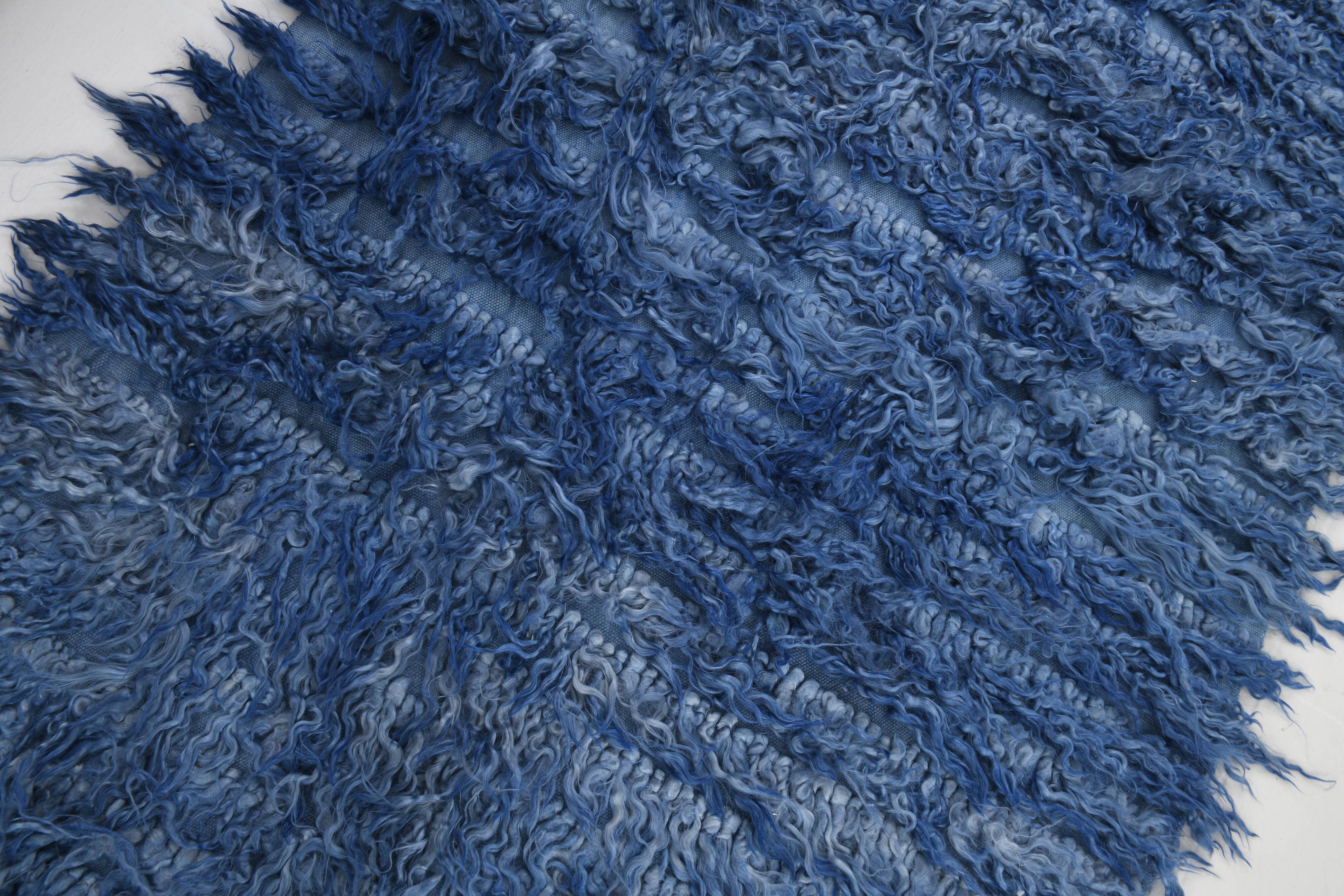 4x9 handmade wool blue vintage rug, 122x266cm