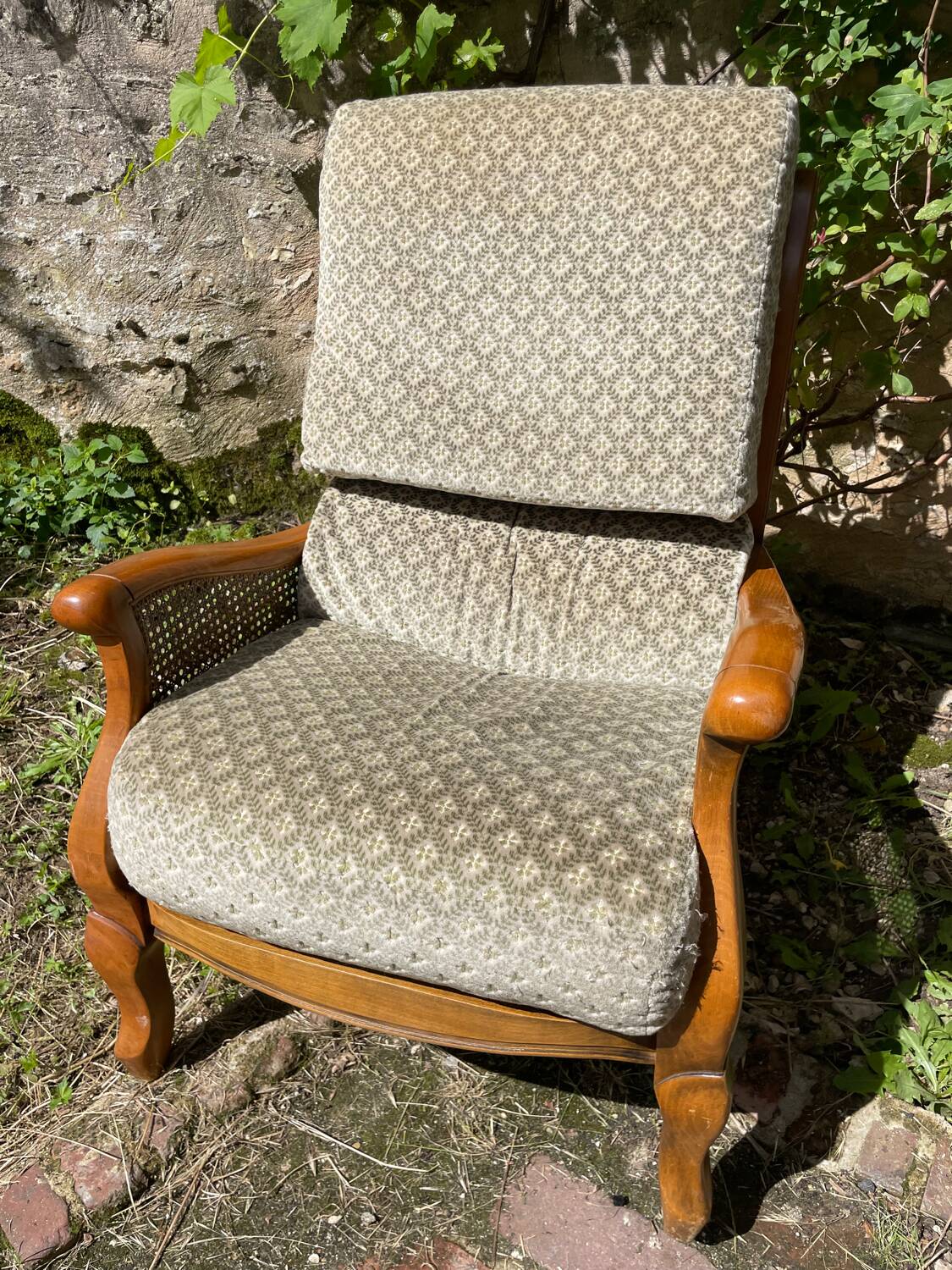 Armchair in wood, cane and velvet