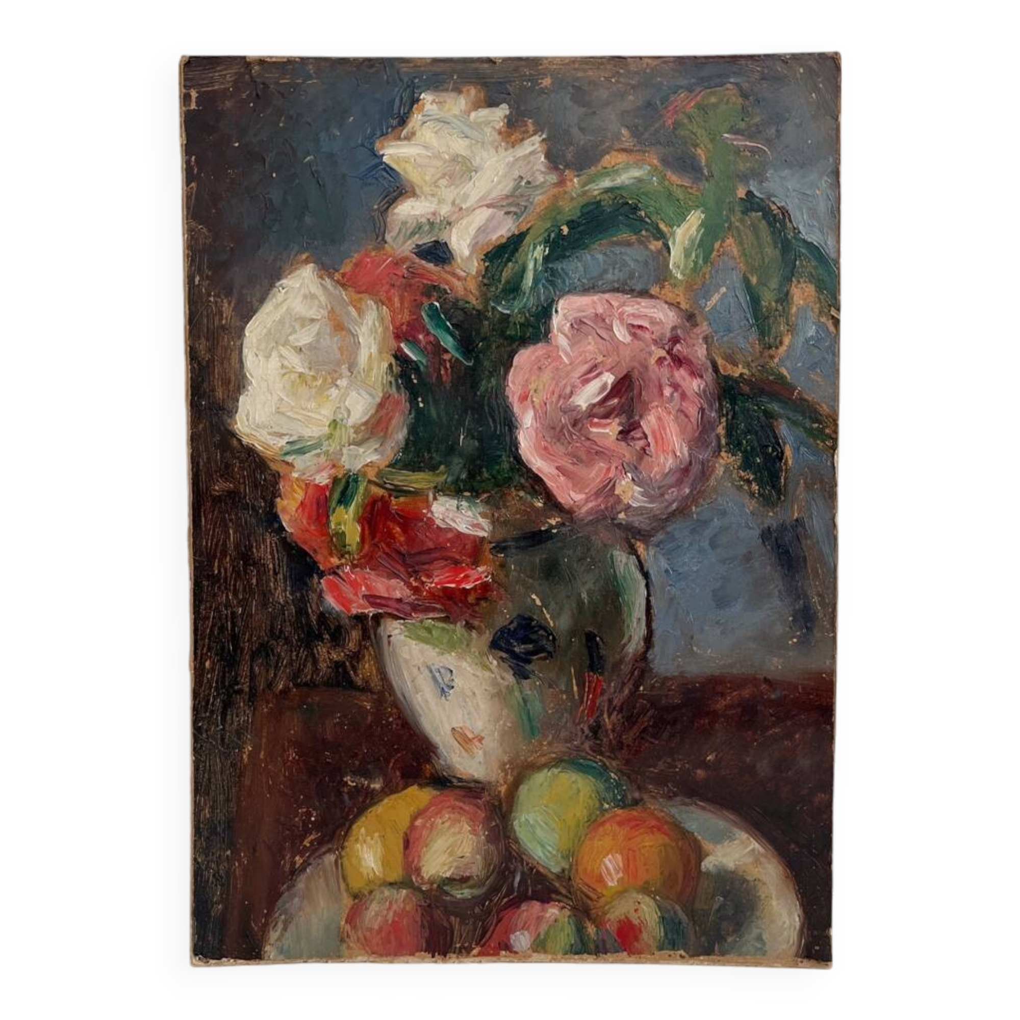 Old oil painting on cardboard bouquet of flowers and fruits
