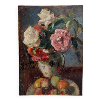 Old oil painting on cardboard bouquet of flowers and fruits