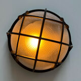 Vintage wall lamp, black metal and ridged glass, France 1980.